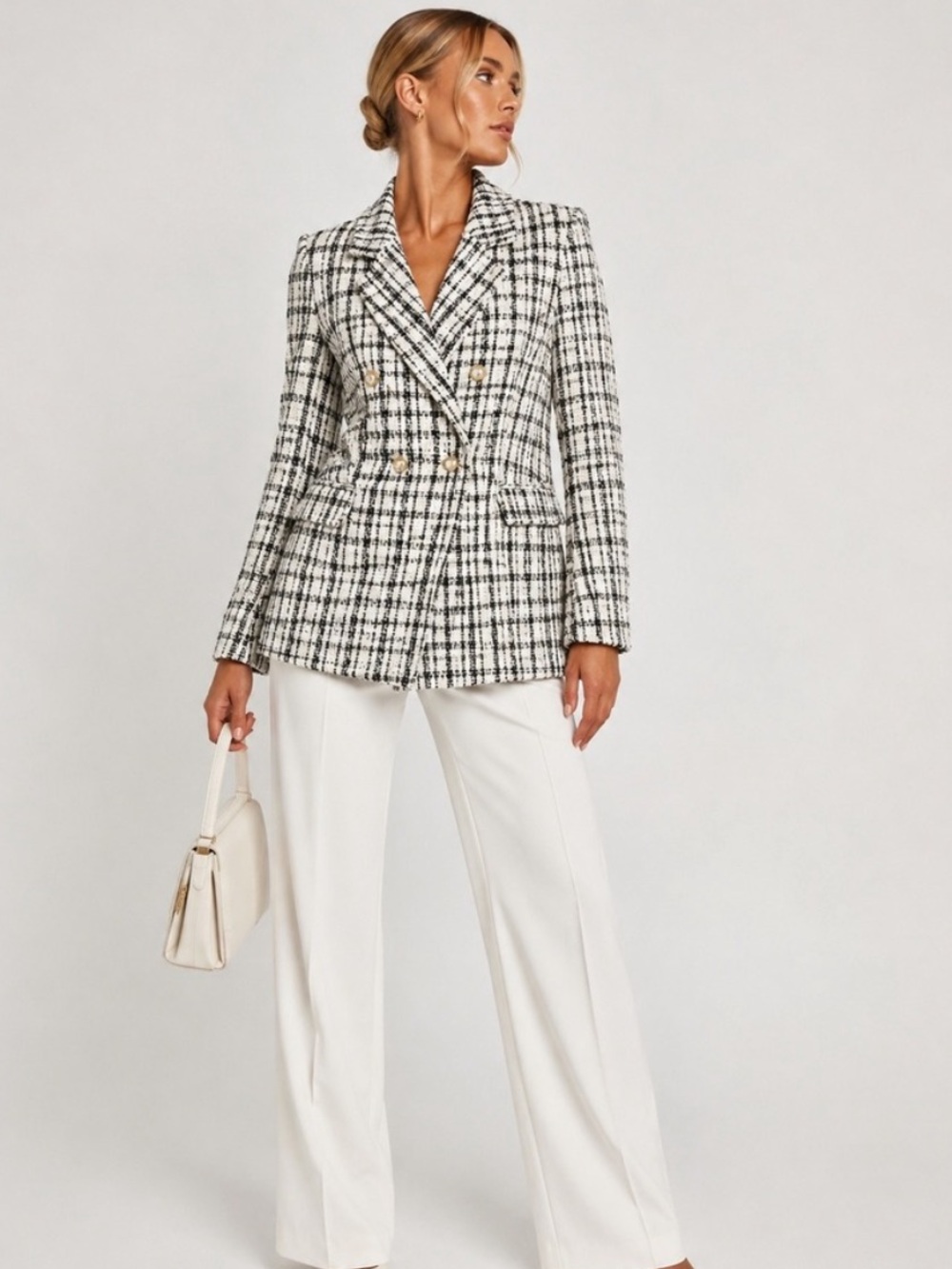 Nanette Lepore Black Cream Plaid Tweed Double Breasted Blazer 6 S NWT New